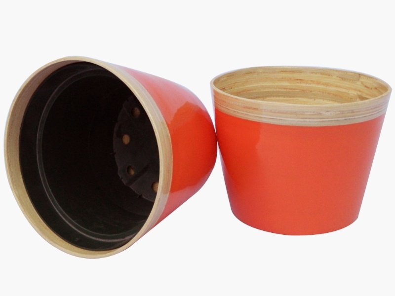 Exquisite Two-Tone Spun Bamboo Planter with Drainage Liner - Vibrant Orange Eco-friendly Pot